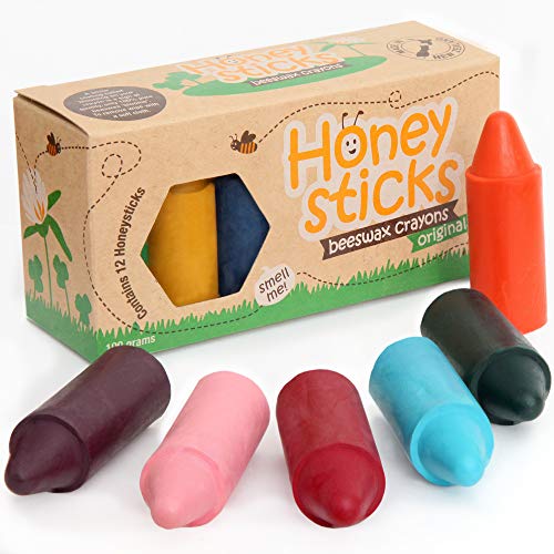 Honeysticks - Pastelli in 100% Pura Cera d’api (Confezione da 12 Pezzi). Naturali, atossici e sicuri per Tutti i Bambini, da 1 Anno in su. Fatti a Mano in Nuova Zelanda.