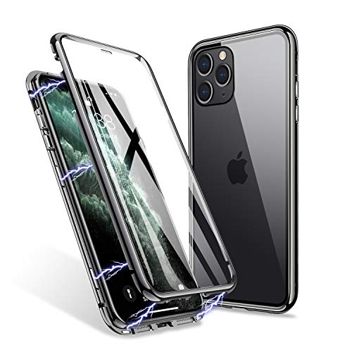 ZHIKE Custodia per iPhone 11 PRO, Caso Adsorbimento Magnetico Anteriore e Posteriore in Vetro Temperato Copertura a Schermo Intero Flip Cover di Design a Un Pezzo per Apple 11 PRO(Nero Trasparente)