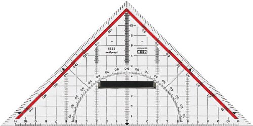 Squadra da disegno, ipotenusa da 25 cm, con indicazioni e scala 180°-1°, linea di 45°, trasparente