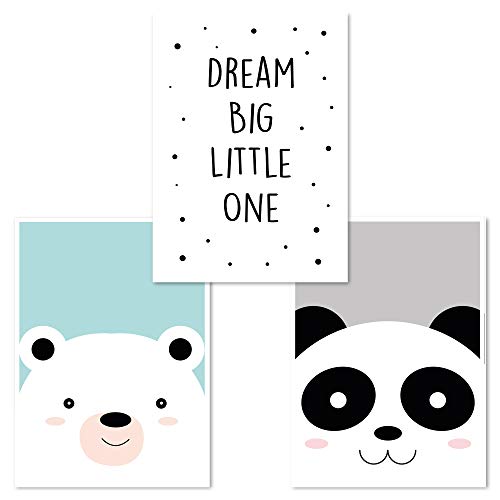 Set di 3 poster per la cameretta dei bambini, decorazione per la cameretta dei bambini, DINA 4, ragazzo (orso, Dream Big, Pandabor)