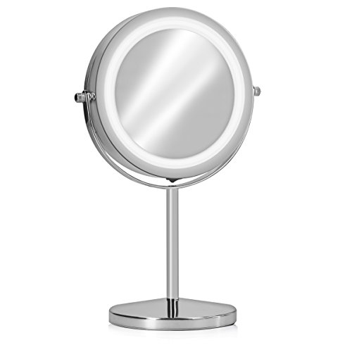 Navaris Specchio da Trucco con Luce LED - Specchio Illuminato con Ingrandimento x7 - Specchietto Cosmetico Ingrandente - Luci 26lm Rotazione 360°
