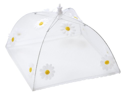 Epicurean Europe, Campana coprialimenti, con decorazioni floreali, struttura in acciaio placcato zinco, 48 x 48 cm, white with white and yellow daisy design, plastica