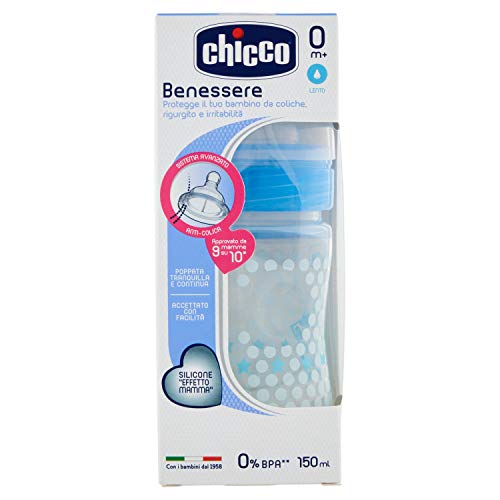 Chicco 00020611200000 Benessere Plastica Bambino Biberon, Silicone, Flusso Regolare, Blu, 150 ml, Blu