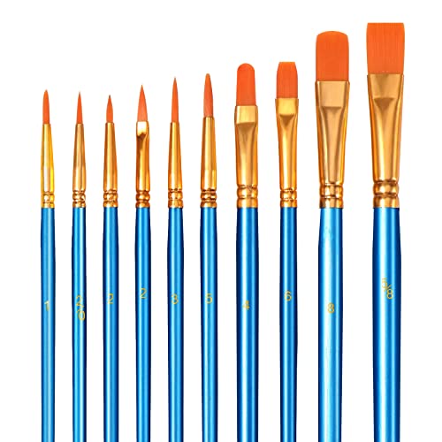 10 Pezzi Pennelli Acrilici - Brencco Nylon Brushes, Set per Acquerelli ad Olio per Guazzo Artisti Bambini Principianti Amanti della Pittura - Blu