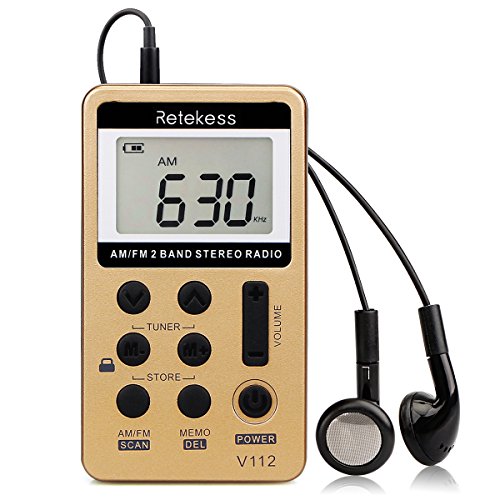 Retekess V112 Mini Radio Portatile AM FM Ricevitore Personale con Ricaricabile Batteria e Cuffie (Oro)