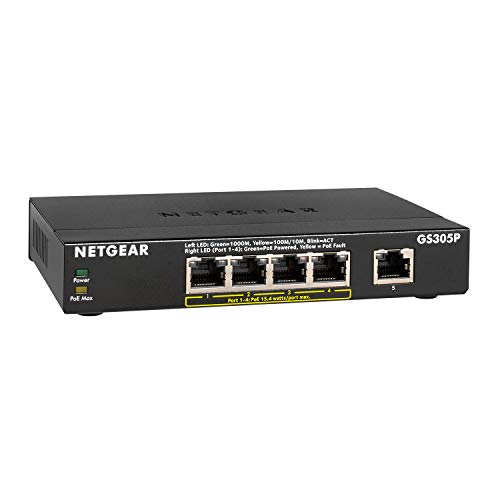 Netgear GS305P Switch Ethernet PoE 5 porte Gigabit, 4 porte PoE e budget energetico pari a 55W, switch unmanaged desktop, struttura in metallo senza ventole