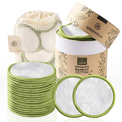 Greenzla Dischetti Struccanti Lavabili (20 Pack) con sacchetto di lavanderia lavabile e scatola rotonda per lo stoccaggio | 100% cotone organico di bambù | Dischetti struccanti riutilizzabili bambù