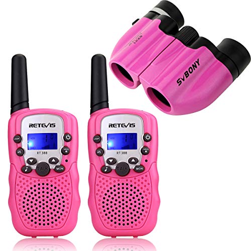 Retevis RT388 Walkie Talkie Bambini e Binocolo Bambini PMR446 Ricetrasmittenti Bambini Torcia VOX 8x21mm Binocolo Bambini Giocattolo per Bird Watching Campeggio (Rosa)