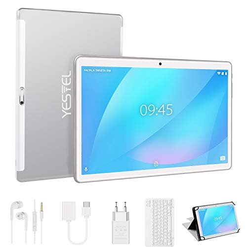 YESTEL Tablet 10 Pollici con WiFi 4GB RAM + 64GB ROM con Schermo IPS HD Quad Core Tablet PC | Fotocamera 8MP + 5MP | Dual LTE SIM | Tablets con Tastiera-Argento