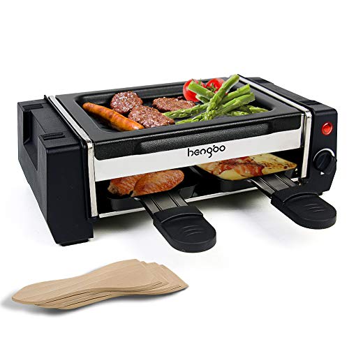 HengBo Raclette Grill Mini Griglia Elettrica Barbecue, Smokefree Grill con Piastra Antiaderente e 2 Padelle per Raclette, 4 Spatole in Legno, Termostato Regolabile, 500W - Nero