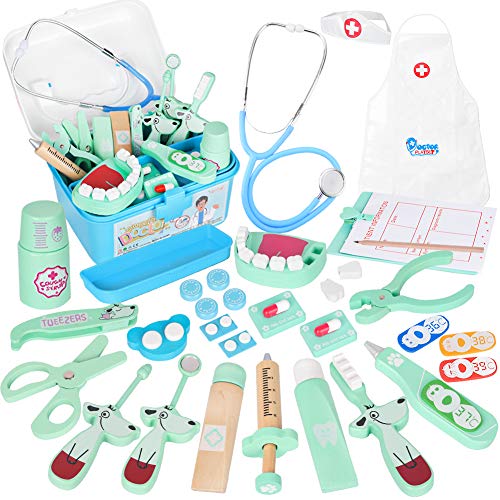 Valigetta Dottore Kit Medico mit Stetoscopio in Legno Giochi di Imitazione per Bambini Ragazzi Ragazze 3 4 5 Anni (42Pezzi)