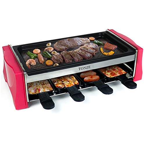 Raclette Grill per 8 Persone Piastra Griglia Elettrica Barbecue Portatile Bistecchiera con 8 Mini Padelle Casualmente Rosso Nero