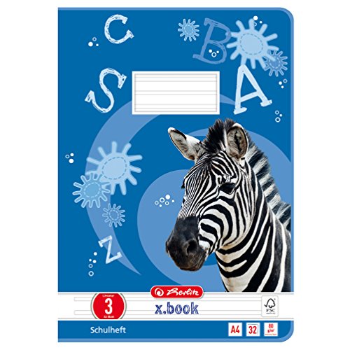 Herlitz - Quaderni formato A4, 32 pagine, a righe con sfondo colorato; certificazione FSC; confezione da 10 pezzi, motivi assortiti A4 rigatura 03, 5 pezzi, motivo: Zebra