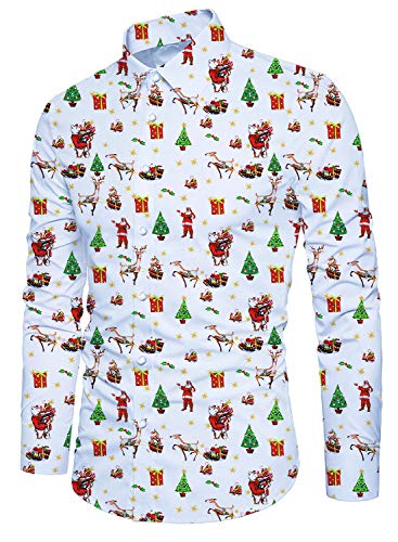 Idgreatim Camicia Natalizia per Ragazzi Stampata Babbo Natale Manica Lunga abbottonatura Aloha Cool Design Mens Party Wear Regalo di Natale Bianco