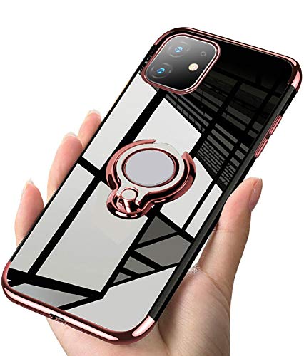 kadixini Custodia iPhone 11 Trasparente Morbido TPU Protettivo Sottile Case 360° Ring Regolabile Anello Magnetica Supporto Silicone Custodia Antiurto Compatibile con iPhone 11 Oro Rosa