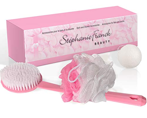 Stephanie Franck Beauty set da bagno e esfoliante - Spazzola da bagno y Fiore doccia e una spugna Konjac viso. Rosa