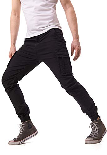 Instinct Pantaloni Uomo Cargo con Tasche Laterali Tasconi Jeans Slim Fit Elastico alle Caviglie Militari Zip (52, Nero K339)