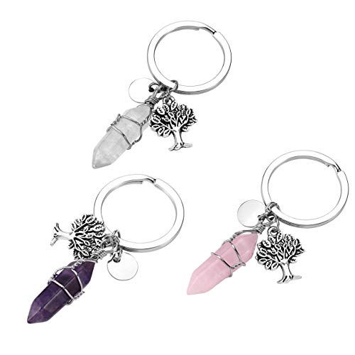 CrystalTears Portachiavi Albero della Vita con Ciondolo in Pietra Naturale Esagonale e Anello in Acciaio Inossidabile Regalo Donna Uomo