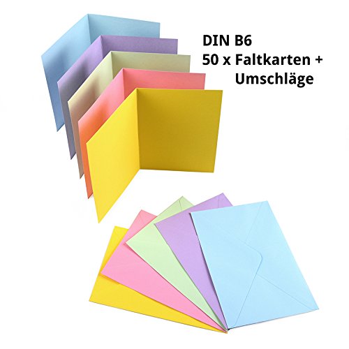 EAST-WEST Trading GmbH, Confezione risparmio di 50 biglietti pieghevoli in formato DIN B6 ”Blanko”, a colori casuali + 50 buste
