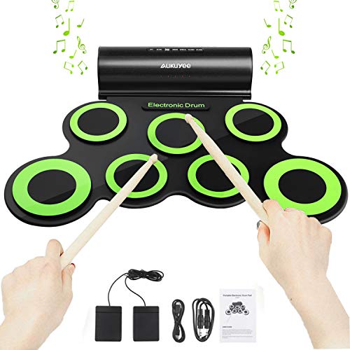 AUKUYEE Set di Batterie Elettroniche Portatili, Batteria Roll Up Midi con Cuffie e Pedali e Bacchette per Tamburo Integrati, Altoparlanti Incorporati,7 Cuscinetti in Silicone 2 Pedali, Bambini, Regalo