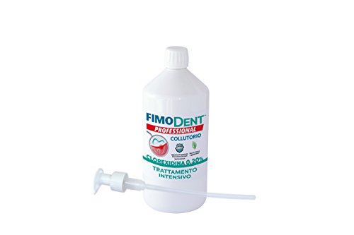 Fimodent Collutorio alla Clorexidina 0.20% con SPDD (Sistema Protezione Discromie Dentali) e gradevole gusto menta. Trattamento antiplacca e antibatterico intensivo. 1 Litro