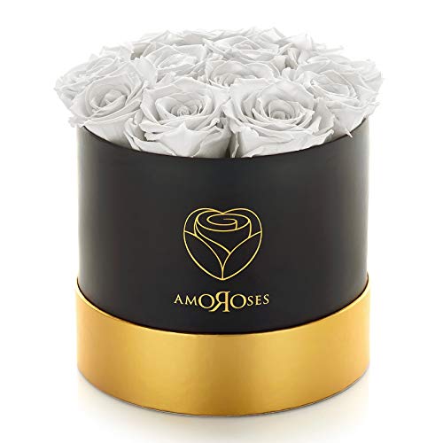 Amoroses 12 Rose Stabilizzate Vere durano Anni - Idea Regalo per Lei Originale Elegante Bouquet per Compleanno, Laurea e Altre Occasioni Speciali (Scatola Nera con Rose Bianche)