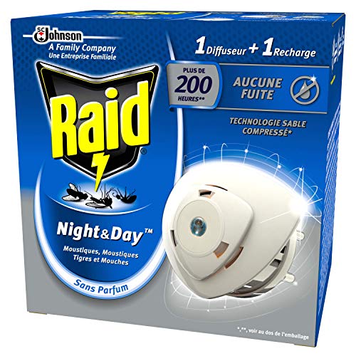 Raid Night & Day Base con Ricarica, Antizanzare e Repellente Mosche, Contiene 1 Diffusore e 1 Ricarica, Senza Profumo