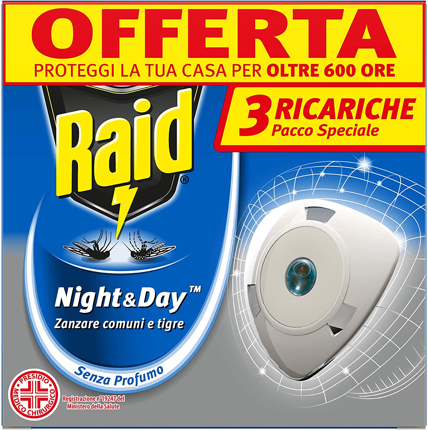 Raid Night & Day Ricarica, Antizanzare Elettrico, Repellente Zanzare Inodore a Sabbia Compressa, Confezioni da 3 x 1 Ricarica