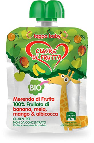 Cuore di Frutta Frullato Bio 100% di Banana, Mela, Mango e Albibocca, 12 Confezioni da 90 Gr