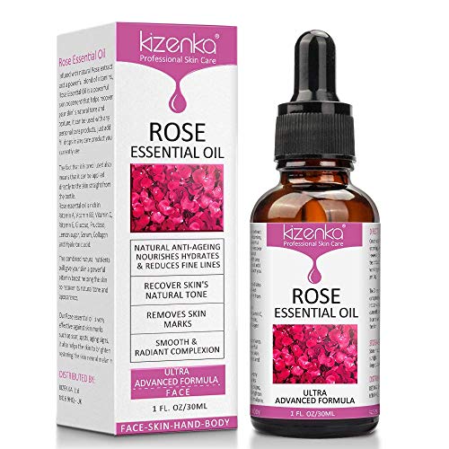 kizenka Olio essenziale di rosa, cura della pelle con vitamina C, rughe anti invecchiamento, perfetto per aromaterapia, rilassamento, terapia della pelle e altro