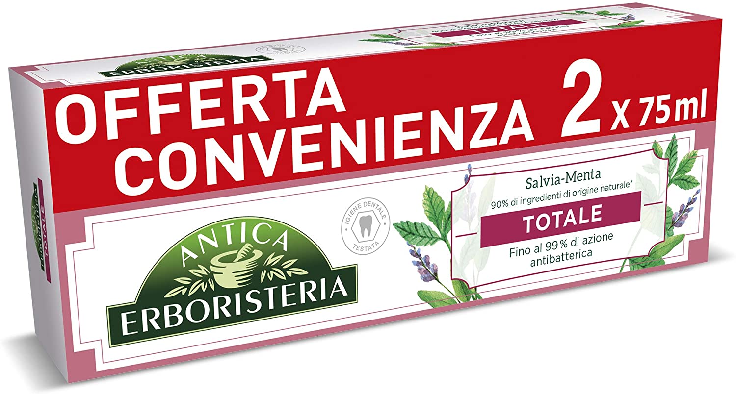 Antica Erboristeria, Dentifricio Totale Antiplacca con Ingredienti Naturali, Gusto Salvia e Menta, 2 X 75 Ml