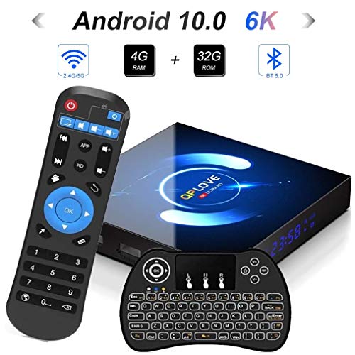 Android TV Box, QPLOVE Q6 Android 10.0 TV Box 4GB 32GB H616 Quad Core 64bit CPU Supporto 6K 3D Dual WiFi 2.4G/5G H.265 Bluetooth 5.0 con Mini Tastiera Retroilluminata
