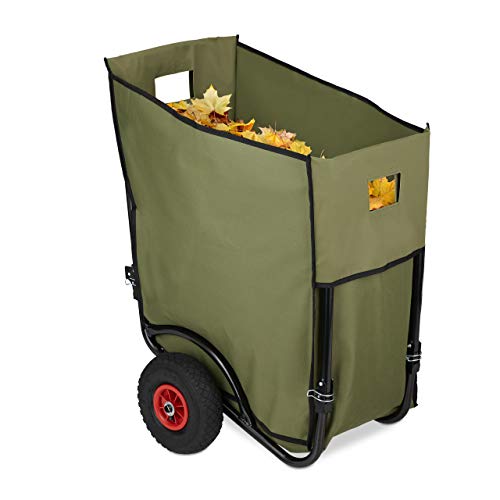 Relaxdays Carrello da Giardino, Maxi Trolley con Sacco, 2 Ruote ad Aria, Pieghevole, 160 l, Verde