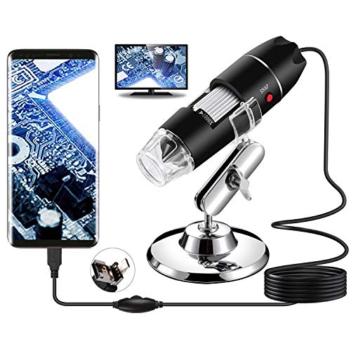 Bysameyee Microscopio Digitale, USB 2.0 Microscopio 40-1000X Ingrandimento con 8 LED, Mini Endoscopio Fotocamera con Adattatore OTG e Metallo Supporto, Compatibile con Windows 7 8 10 Mac Android Linux