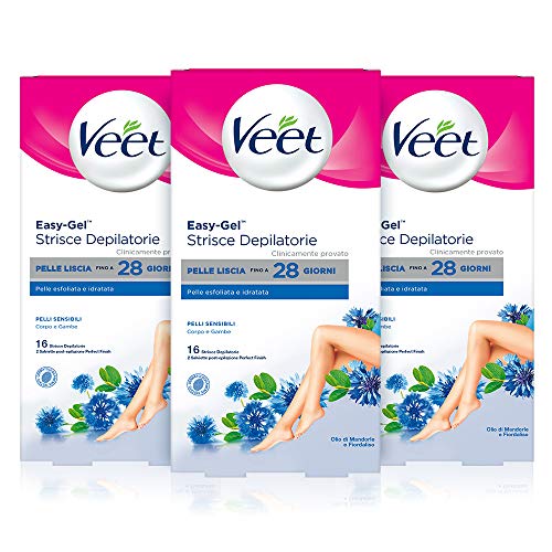 Veet Strisce Depilatorie Corpo e Gambe per Pelli Sensibili, 3 Confezioni da 16 Strisce