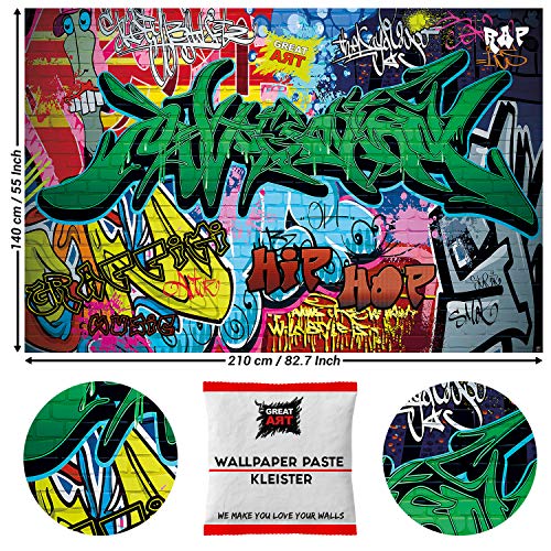 GREAT ART Photo Carta da Parati Camera dei Bambini – Graffiti Arte – arte di strada Decorazione Pop Art Scritte Muri astratto cortese stile fumetto – 210 x 140 cm 5 pezzi e colla