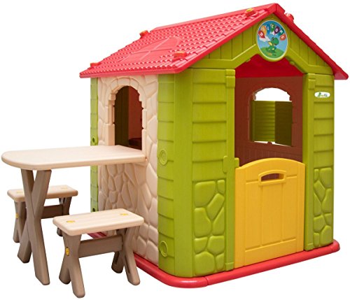 LittleTom Casetta Gioco per Bambini e Bambine incl 1 Tavolo 2 sgabelli casa di plastica per Interni ed Esterni Verde Beige