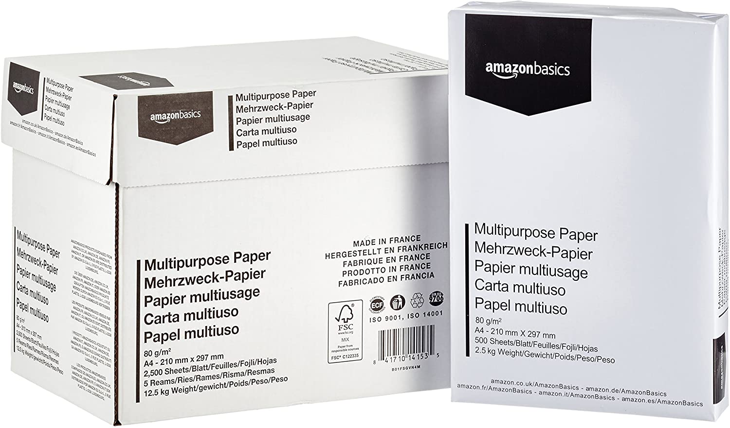 AmazonBasics Carta da stampa multiuso A4 80gsm, 5x500 fogli, bianco