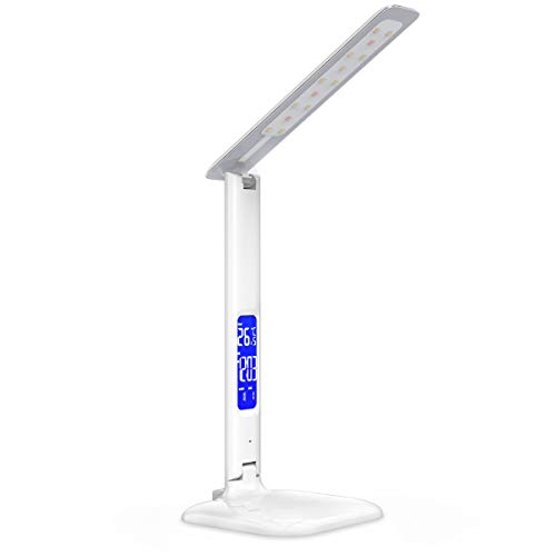 kwmobile Lampada LED da scrivania - Lampada da tavolo dimmerabile - porta USB display LCD ora temperatura sveglia luminosità regolabile touch - bianca