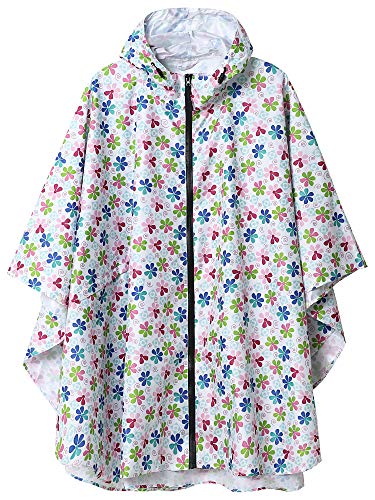 Summer Mae Cappotto Impermeabile Poncho Pioggia Cappotto Colorblock con Cappuccio Fiore Bianco