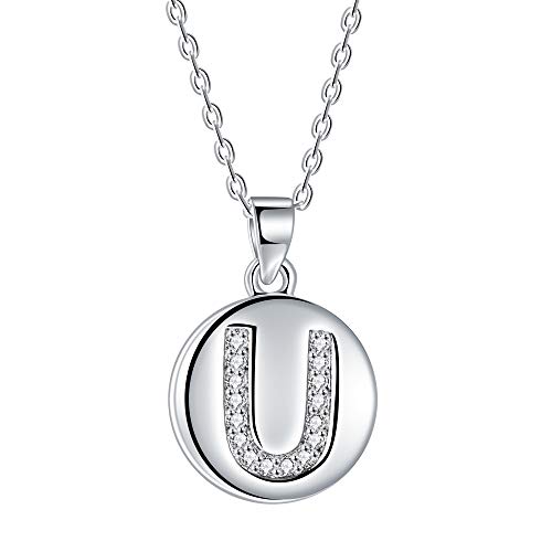 Collana da donna con lettera iniziale U, pendente a disco in argento 925 con zirconi cubici AAA, lunghezza catena 40 + 5 cm