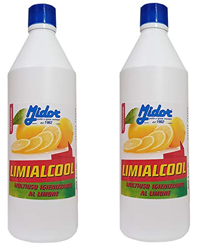 Multiuso Igienizzante al limone, acqua ossigenata 0,5% e semi di pompelmo, LIMIALCOOL 2x1000 ml, per superfici lavabili, vetri, piani d'appoggio, asciuga rapidamente, efficace contro molti virus