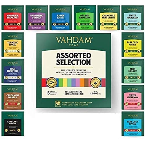 VAHDAM, Migliori assortimenti di tè | 15 diverse bustine di tè assortimenti di campionari confezione regalo Variety Pack | Meglio di tè nero, tè verde, tè Oolong, tè alle erbe e tè Chai