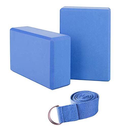 JIM'S STORE 2 Pezzi Blocchi Yoga con Cinghia Yoga, Set di Yoga e Pilates Training Esercizi di Stretching per Principianti e avanzati (Blu)