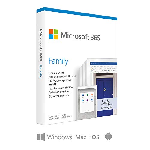 Microsoft 365 Family, Fino a 6 Persone, Abbonamento Annuale, PC/Mac, Smartphone, Tablet, Box