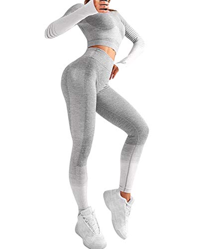 Criskat - Set di abbigliamento sportivo da donna, a maniche corte, 2 pezzi, pantaloni a vita alta, per yoga grigio Small