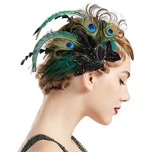 Coucoland 1920s - Fermaglio per capelli da donna con piume di pavone, stile anni '20, elegante fermaglio per capelli Gatsby Stile 1 - Pavone. Taglia unica