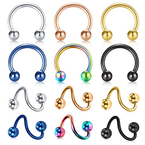 LAURITAMI 12pcs Spirale Barbell Piercing Cartilagine Helix Tragus Orecchino Labbro Sopracciglio Labret Cerchio Anelli Piercing Gioielleria Acciaio Chirurgico 16G