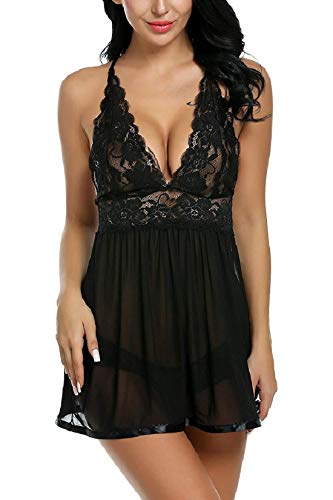 Voqeen Pigiama Babydoll Abito Pizzo Lingerie Hot Ricamo Seno Donna con Perizoma Trasparente Completo Intimo Prospettiva per La Notte di Nozze Vacanze in Luna di Miele Viaggio