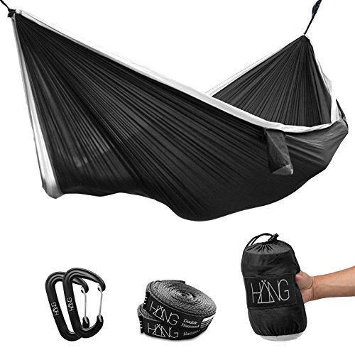 Appendibile – (amaca doppia in seta da paracadute, 300 x 170 cm, portata fino a 200 kg, in bianco e nero